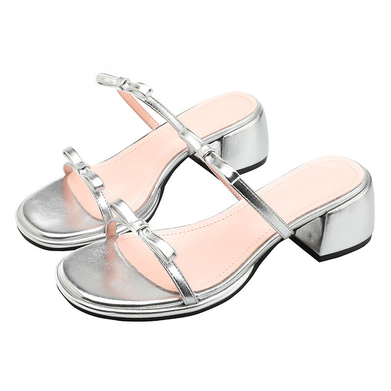 Chunky Sier Round Head Double Bow Sandals