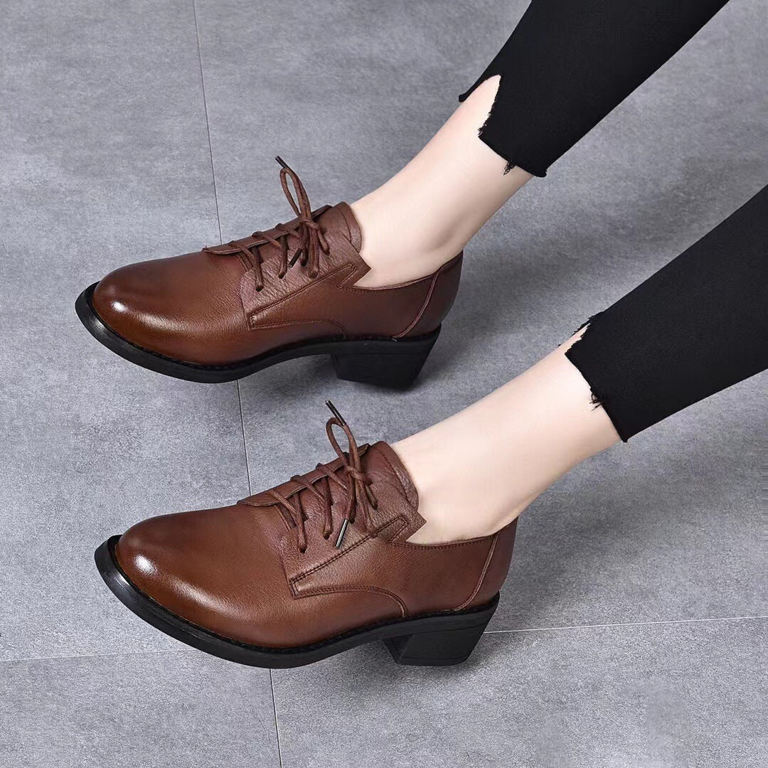 Women's British Style Soft Black Chunky Preppy Leather Shoes