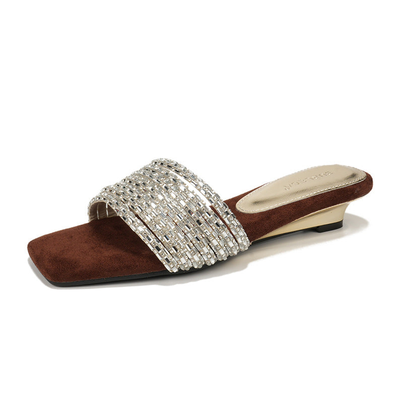 Delicate Rhinestone Slide Summer Wear Low Soft Bottom Wedge Slippers