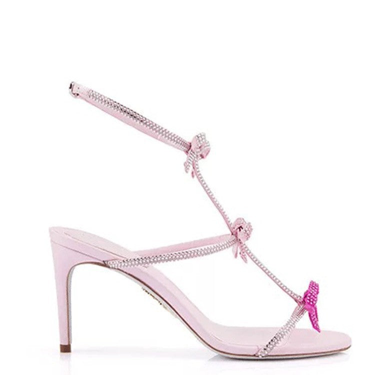 Women's Summer Bow Rhinestone Open Toe Roman Heels