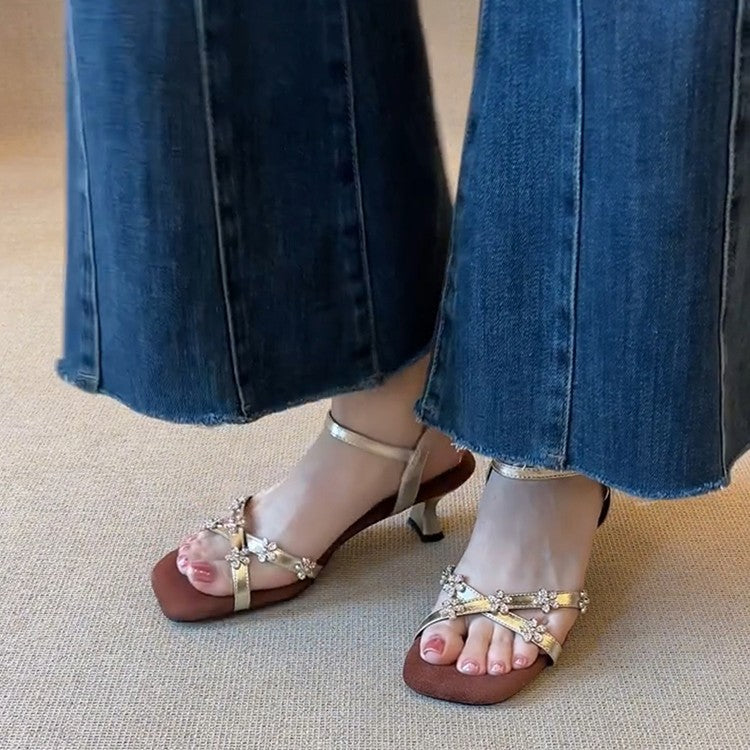 Women's Rhinestone Flower Square Toe Soft Elegant Inner Match Skirt Heels