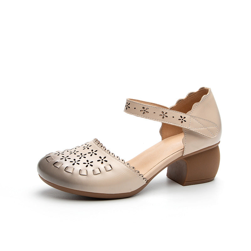 Women's Summer Thick Mid Top Layer Cowhide Heels