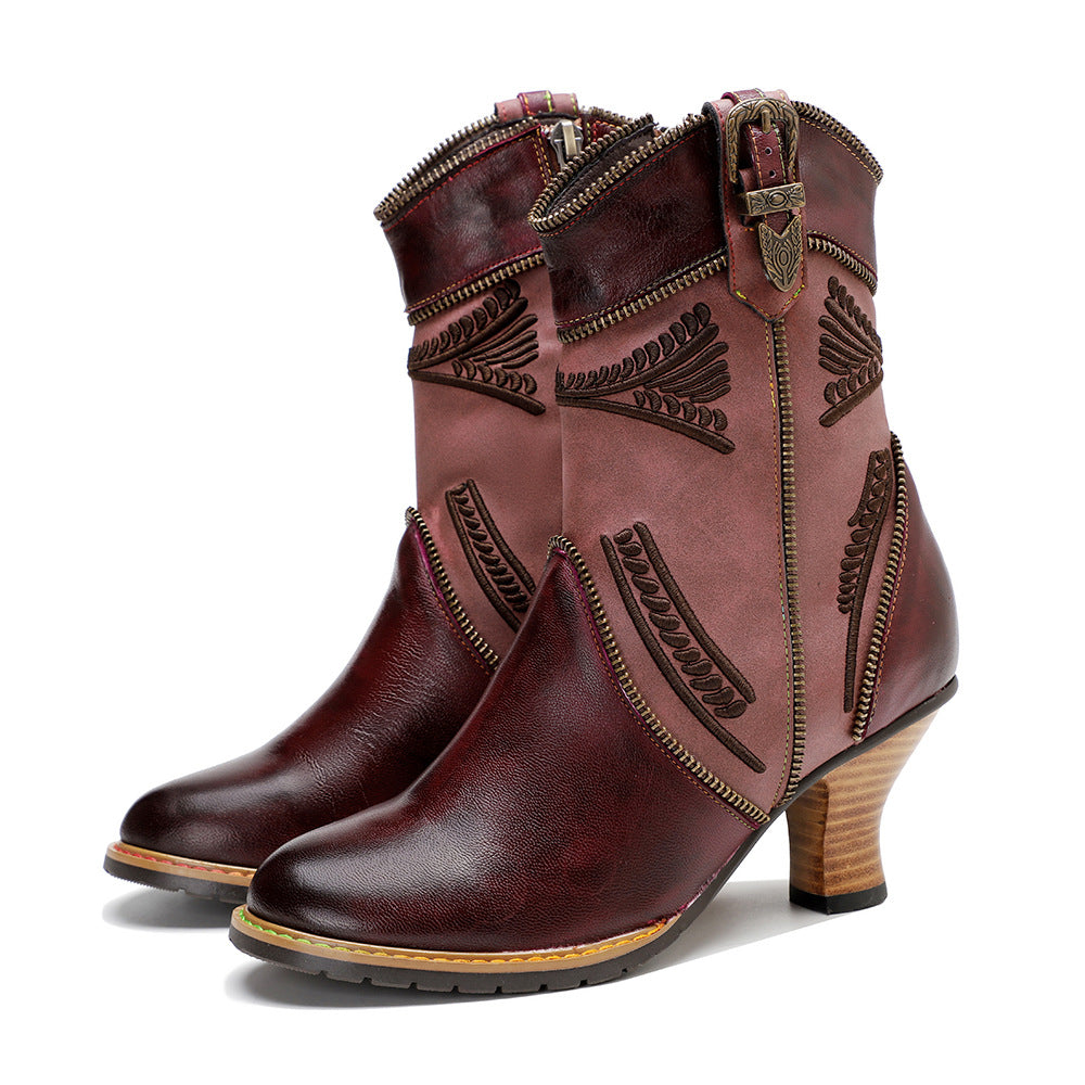 Women's Genuine Polished Delicate Electric Embroidery Zipper Boots