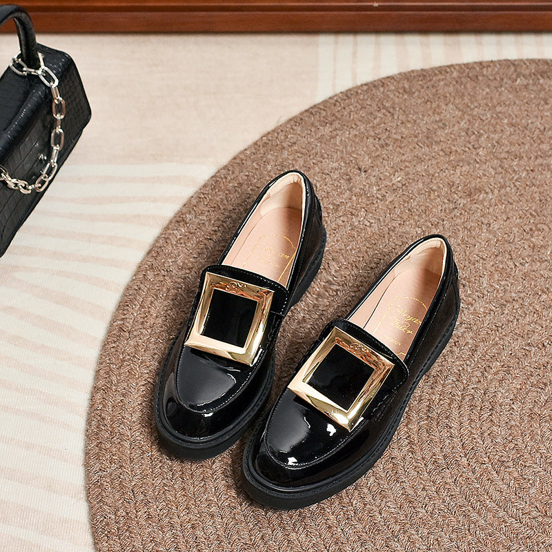 Women's Square Buckle Round Toe Pumps Metal Rhinestone Raise Leather Shoes