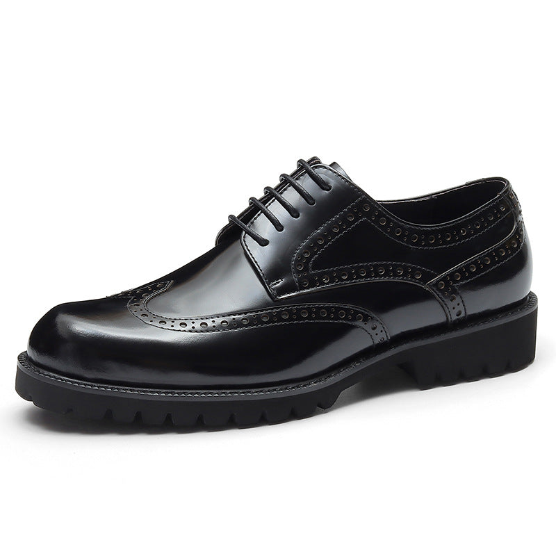 Men's Glossy Cowhide Business Genuine Thick Bottom Round Toe Leather Shoes