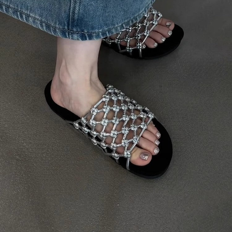 Women's Sheepskin Version Hand-woven Fishnet Platform Beach Soft Slippers