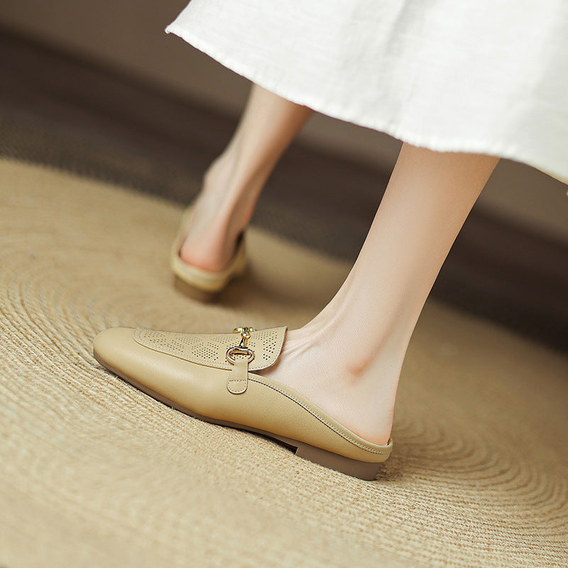 Women's Flat Bottom Horse Buckle Genuine Soft Slippers