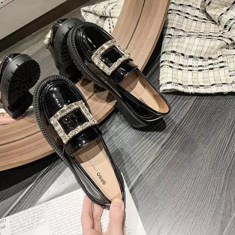 Women's Pedal Patent British Style Flat Bottom Rhinestone Square Loafers