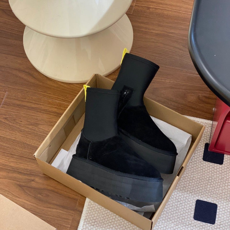 Women's Fur Integrated Elastic Fabric Height Increasing Snow Boots