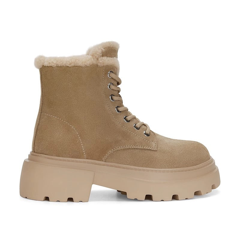 Women's Cowhide Korean Style Fleece-lined Thick Motorcycle Thick-soled Boots