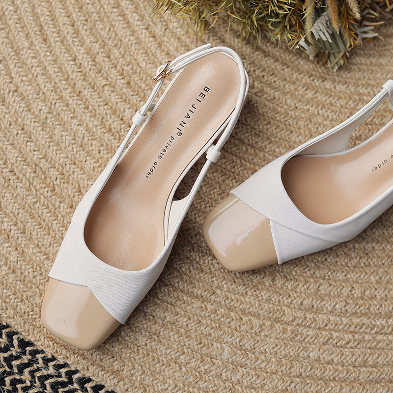 Women's Toe Chunky Square Sheepskin Mid Color Heels