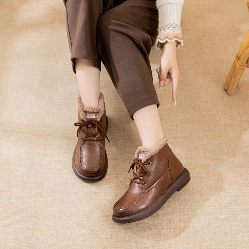 Women's Winter Genuine Flat Round Toe Thickened Snow Boots