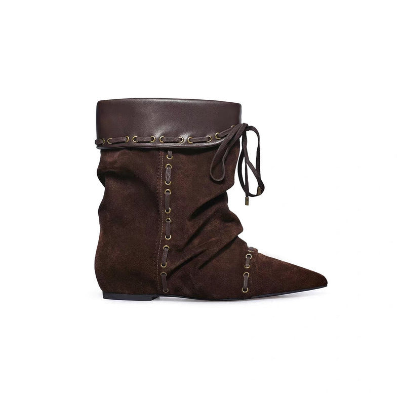 Women's Version Niche Pleated Pointed Western Cowboy Short Wide Boots