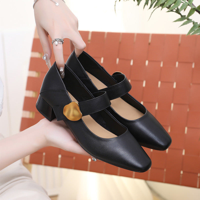 Women's Square Toe Genuine Spring Chunky Low-cut Fashion Women's Shoes
