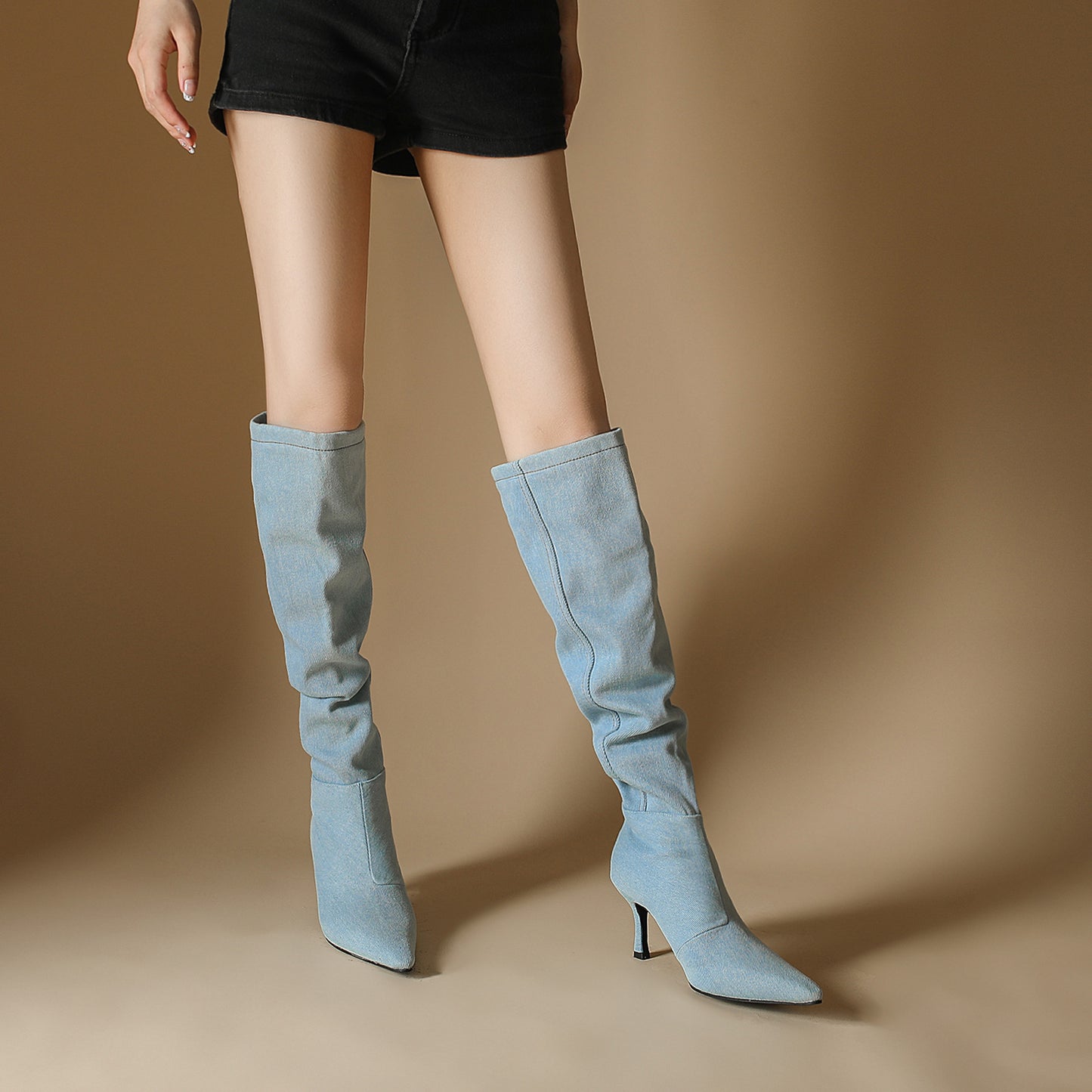 Women's Denim Pile Style High Pointed Toe Boots
