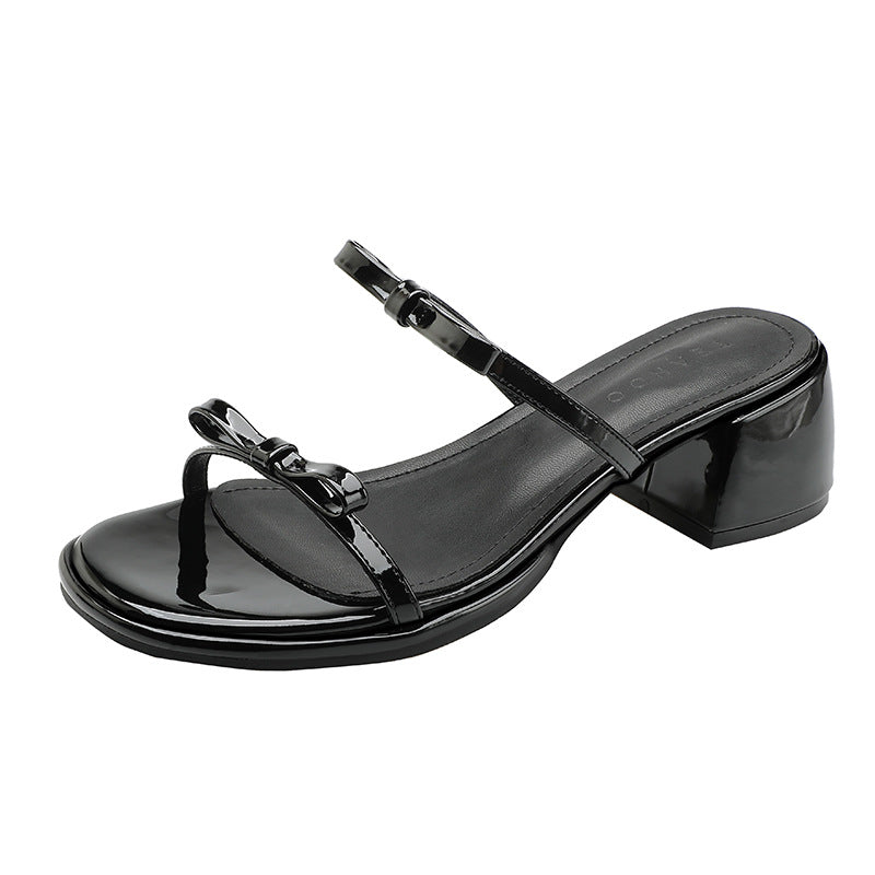 Chunky Sier Round Head Double Bow Sandals