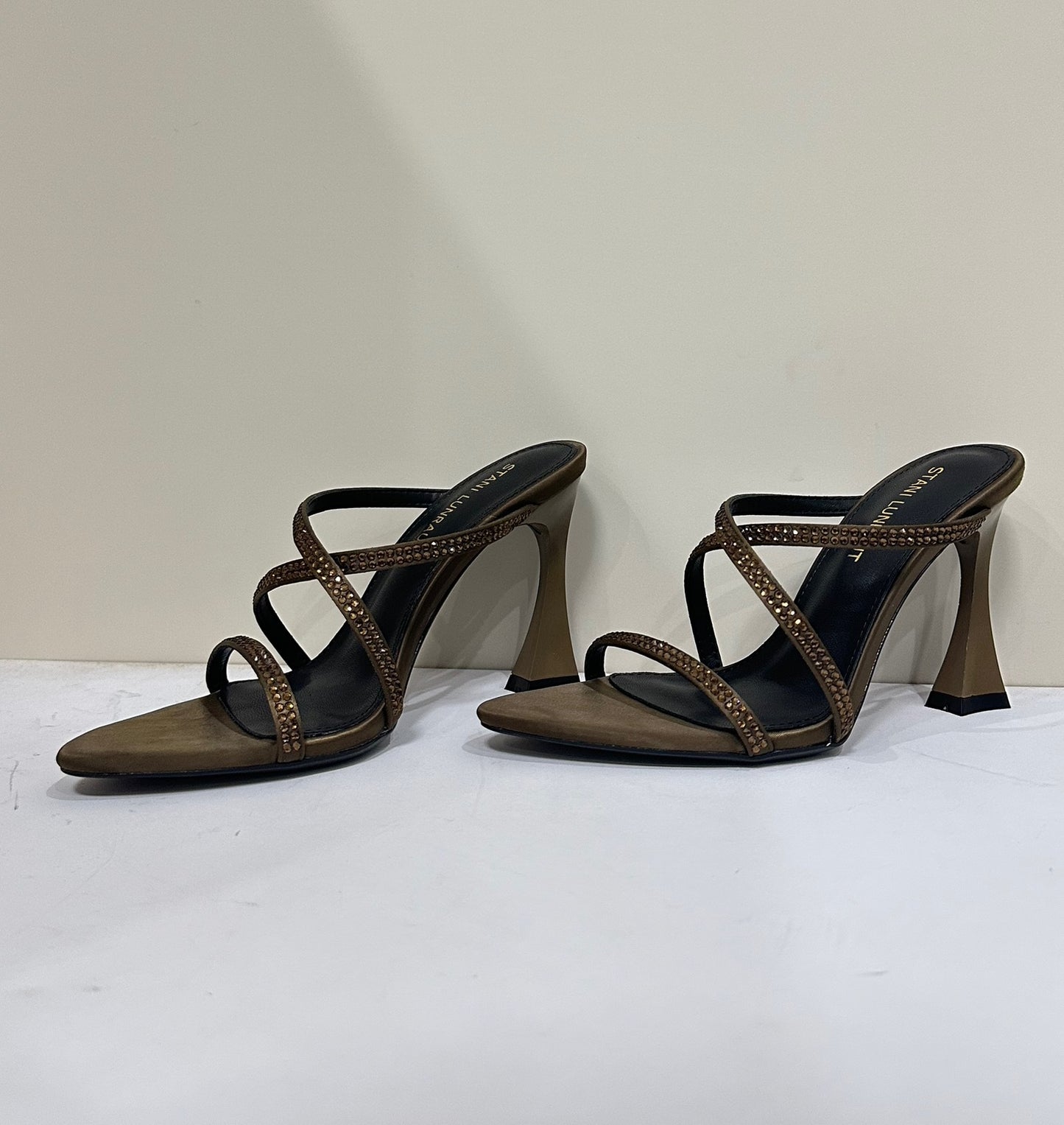 Black Satin Cross Rhinestone Pointed Sexy Heels