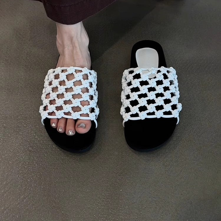 Women's Sheepskin Version Hand-woven Fishnet Platform Beach Soft Slippers