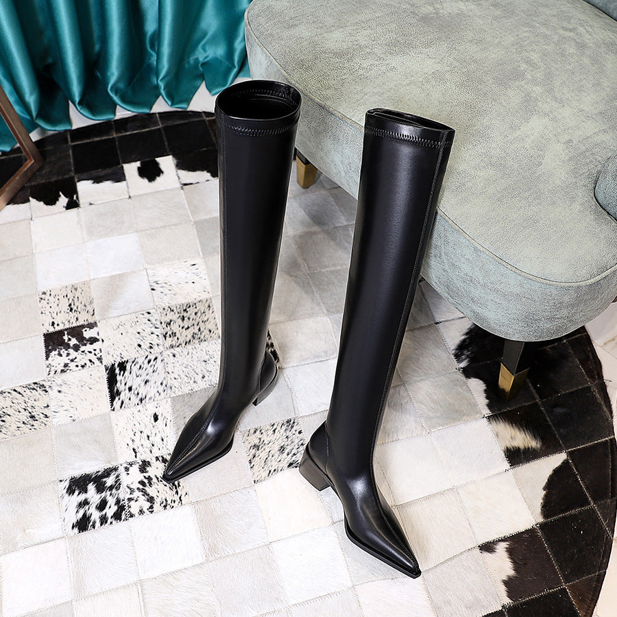 Women's Fashion Pointed Toe Chunky Slimming Versatile Stretch Boots