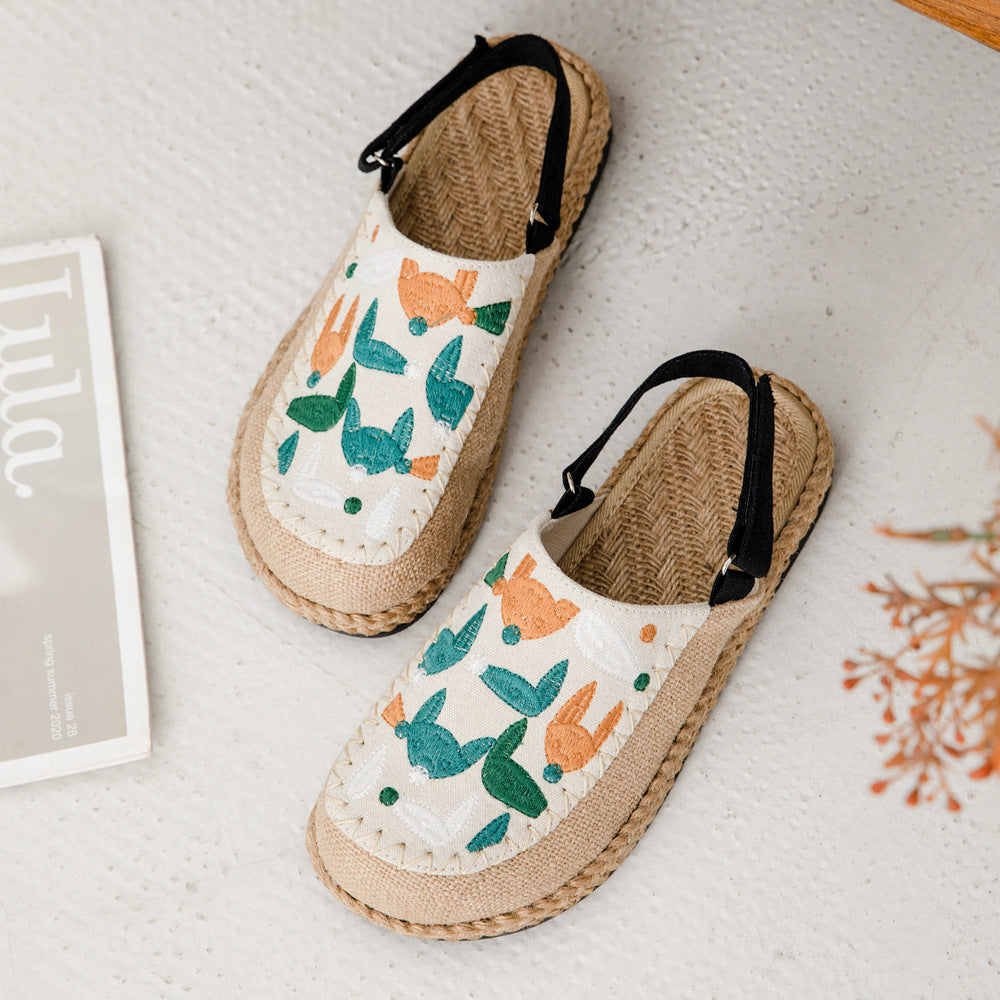 Fox Embroidery Flat Bottom Summer Deep Mouth Toe Sandals