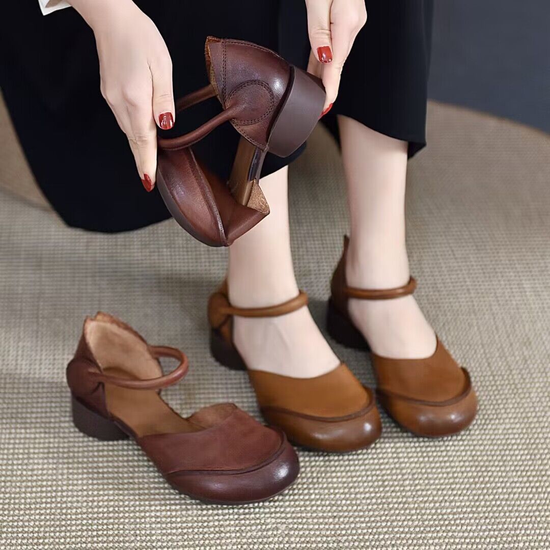 Color Retro Closed Chunky Handmade Soft Casual Shoes