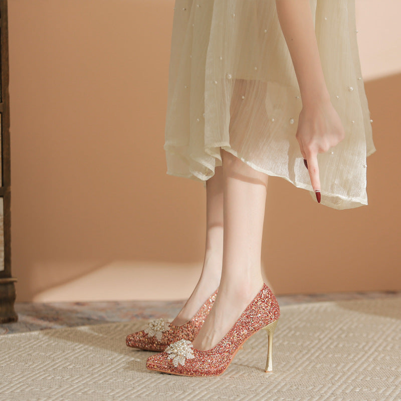 Women's French Style High-grade Champagne Wedding Stiletto Not Heels