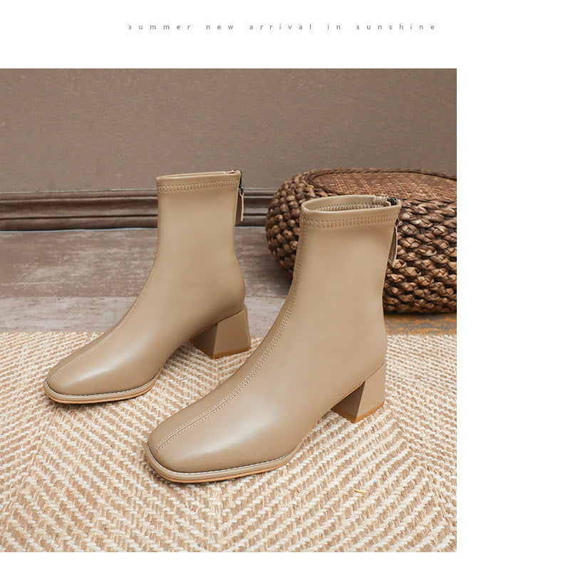 Women's Genuine White Ankle Chunky High Skinny Heels