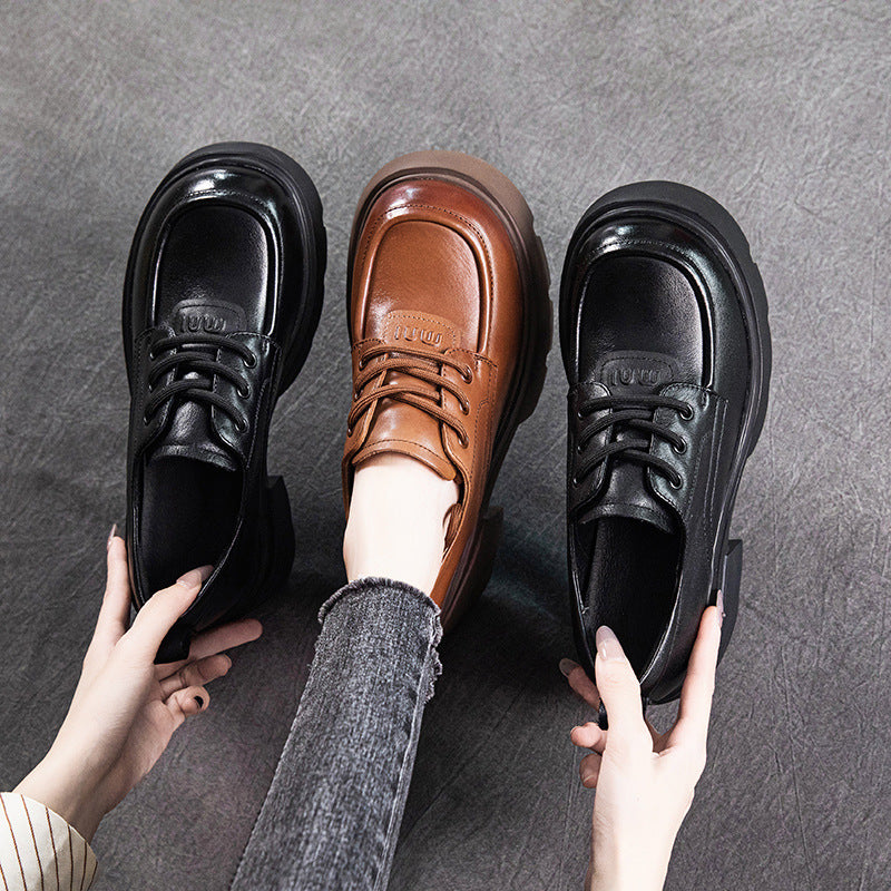 Women's Cowhide Autumn Authentic Platform Thick Bottom Retro Casual Shoes