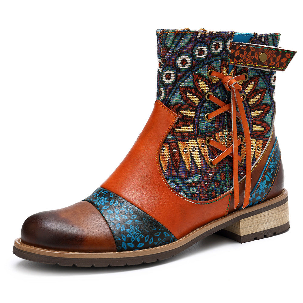 Women's Retro Printed Jacquard Side Zipper Flat Boots