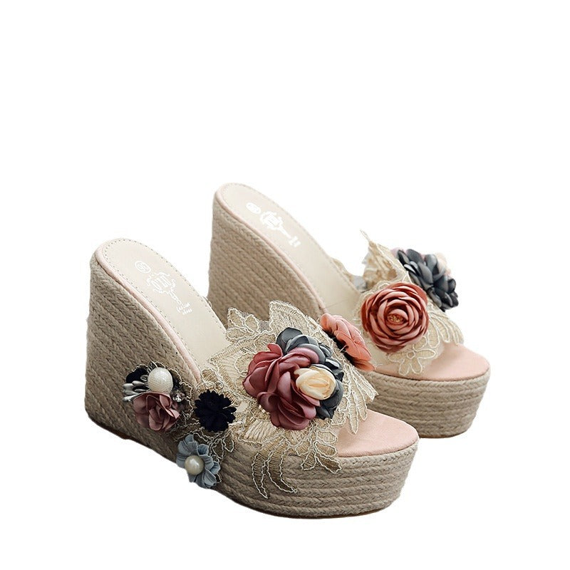 Women's Platform Hemp Rope Woven Flower Pearl Transparent Sandals