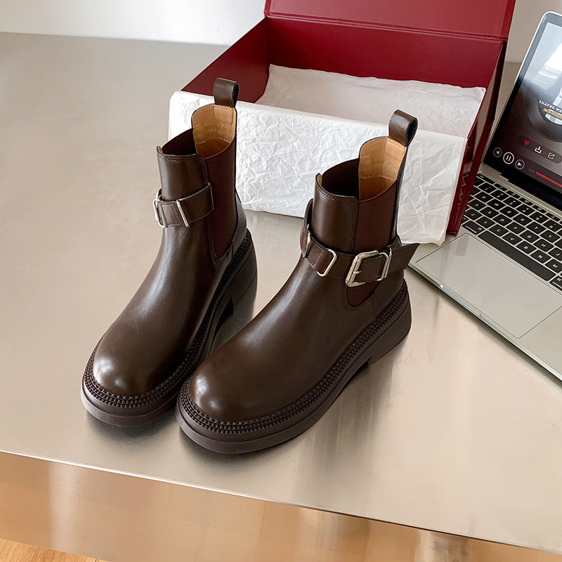 Women's British Style Ankle Platform Chelsea Belt Boots
