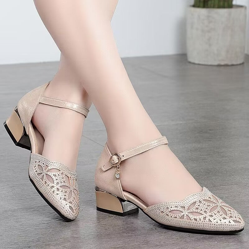 Women's Summer Mesh Thick Toe Box Hollow Heels