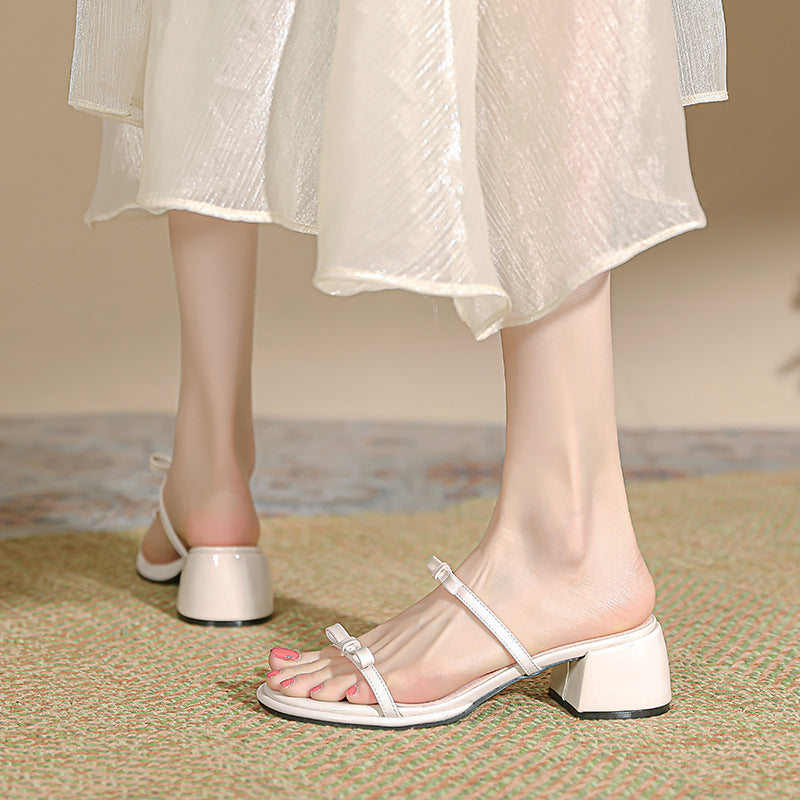 Chunky Sier Round Head Double Bow Sandals