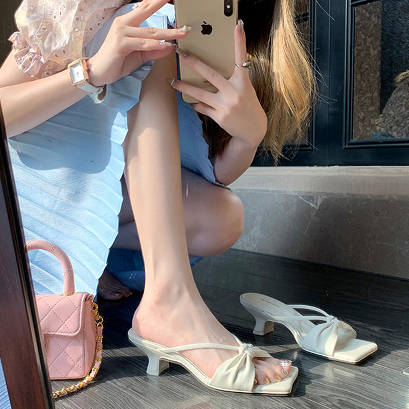 Women's Mom French High Bow Square Toe Stiletto Sandals