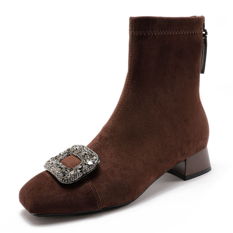 Women's Square Toe Suede Short Thick Middle Boots