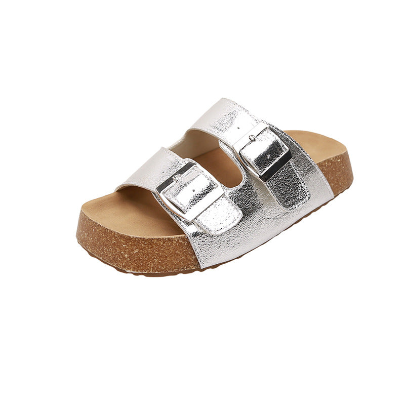 Women's Cowhide Version Mini Vintage Buckle Platform Slippers