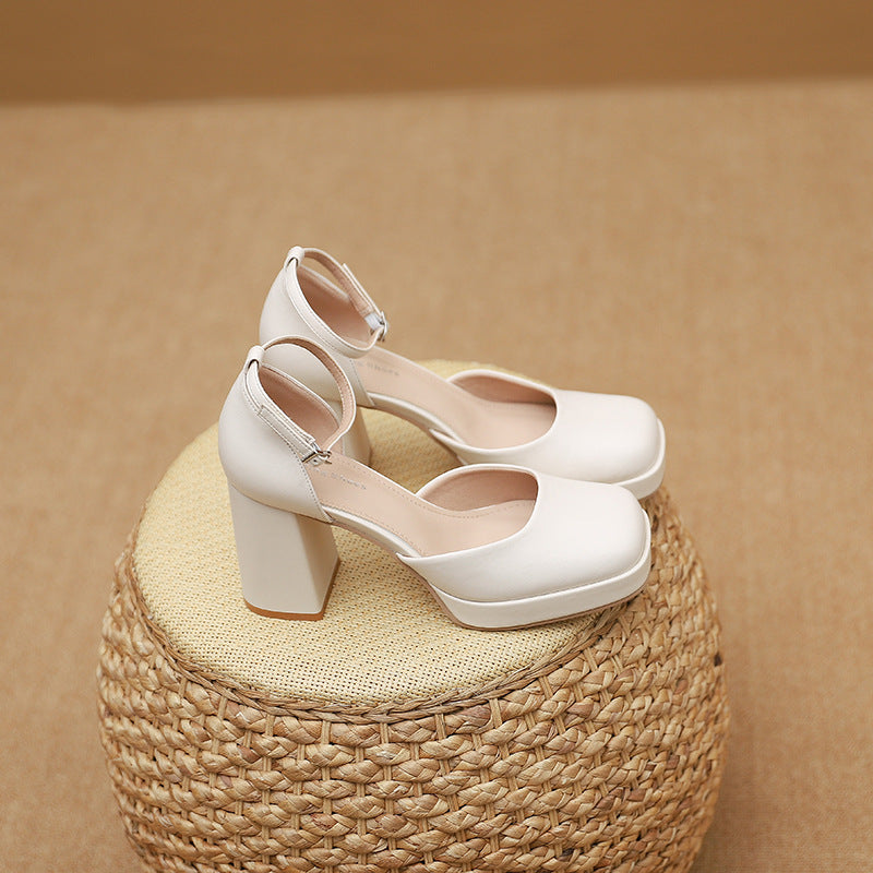 Women's Goddess Waterproof Platform Square Toe Hollow High Word Strap Heels