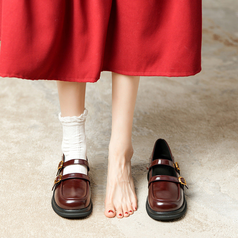 Female Round Toe Black Retro Chunky Loafers
