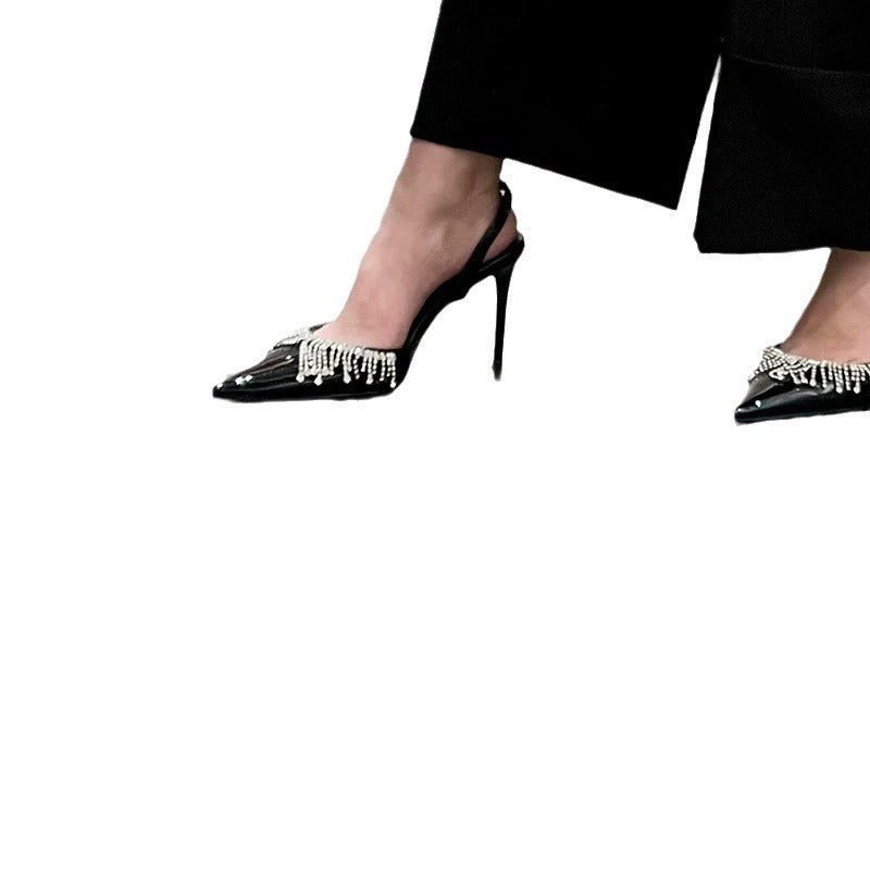 Women's Rhinestone Tassel High Patent Sexy Pointed Heels