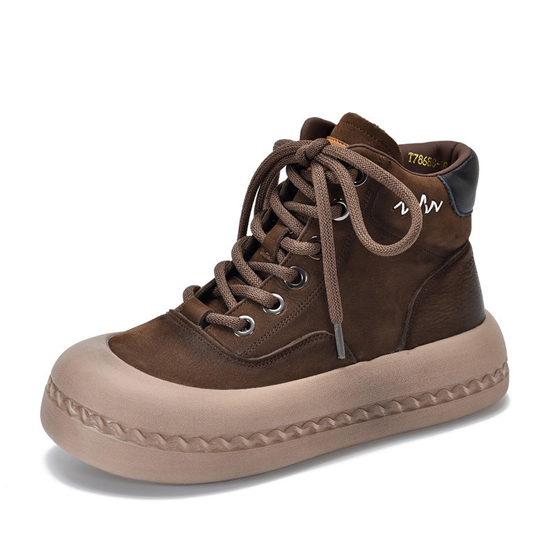 Women's First Layer Cowhide Platform Retro Lace Boots