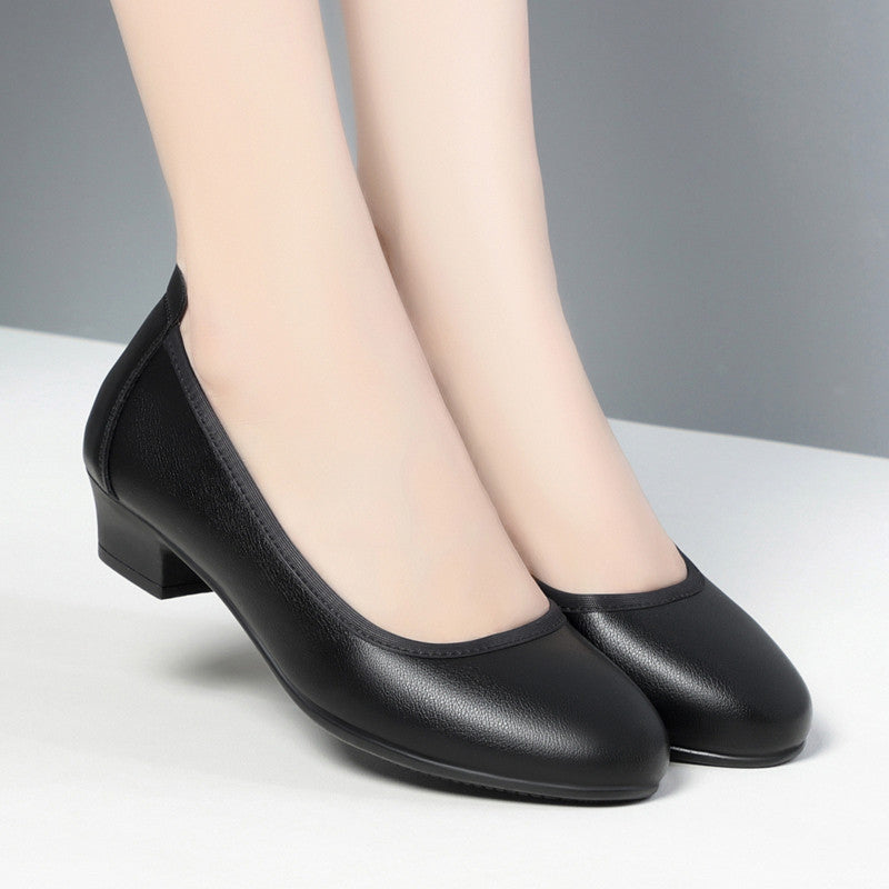 Women's Tired Feet Black Chunky Mid Hotel Shallow Mouth Casual Shoes