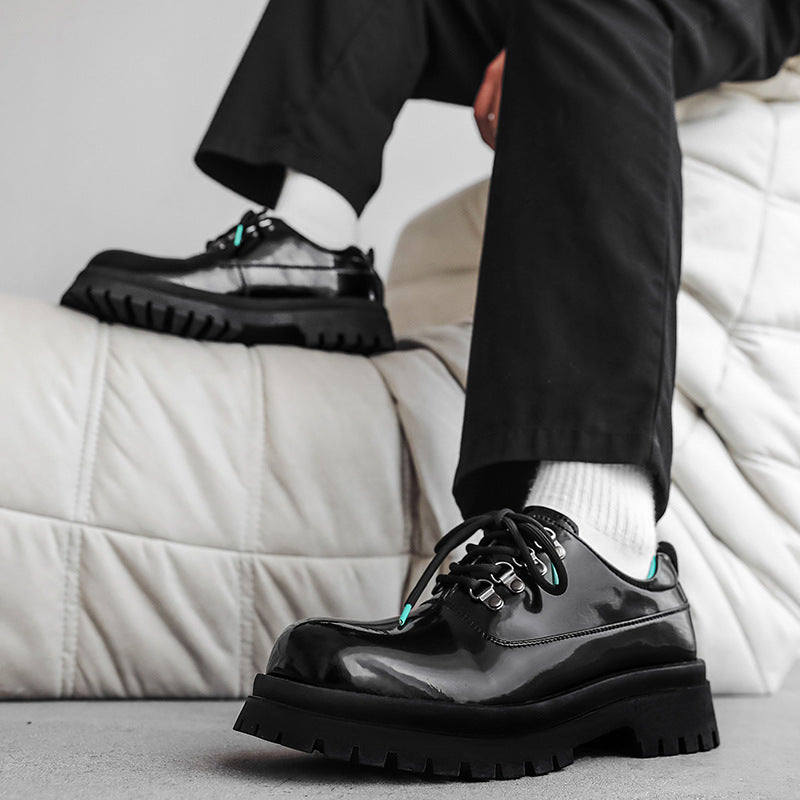 Men's Height Increasing Black Derby Niche Fashion Leather Shoes