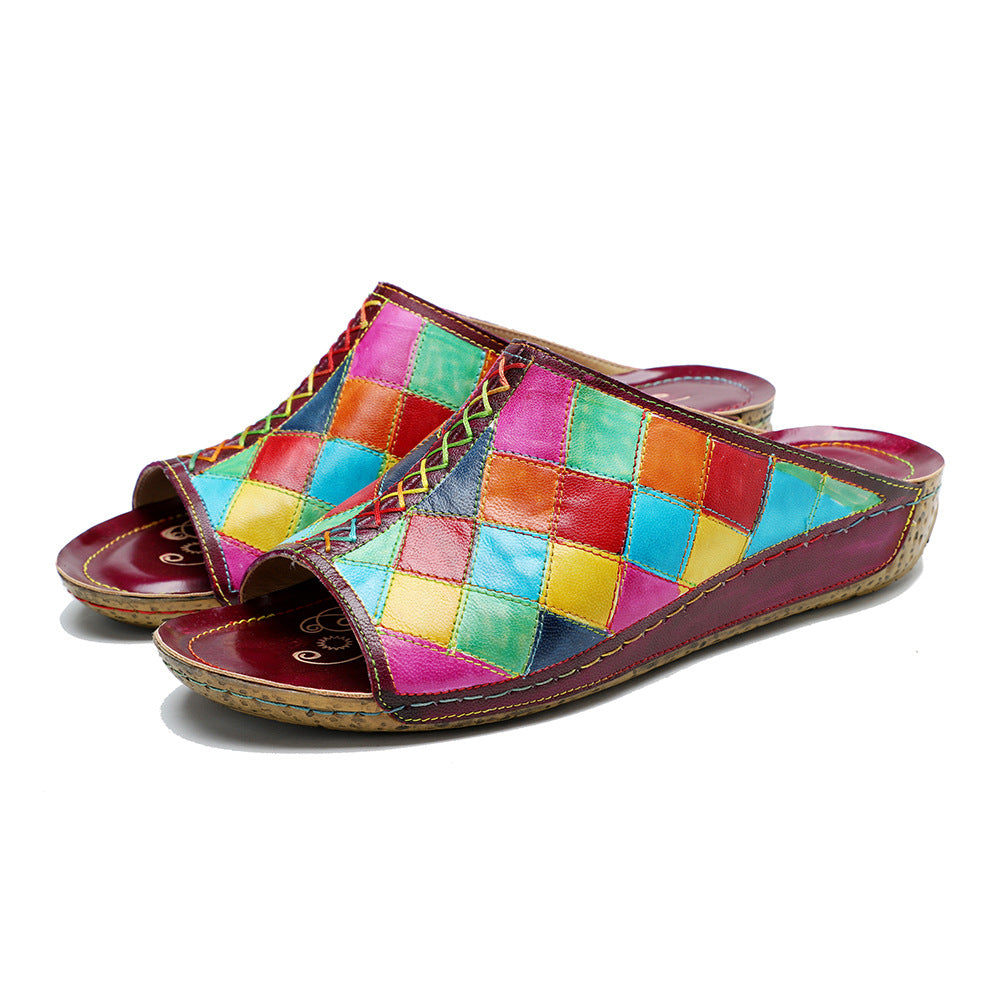 Genuine Hand-rub Color Retro Check Comfortable Sandals