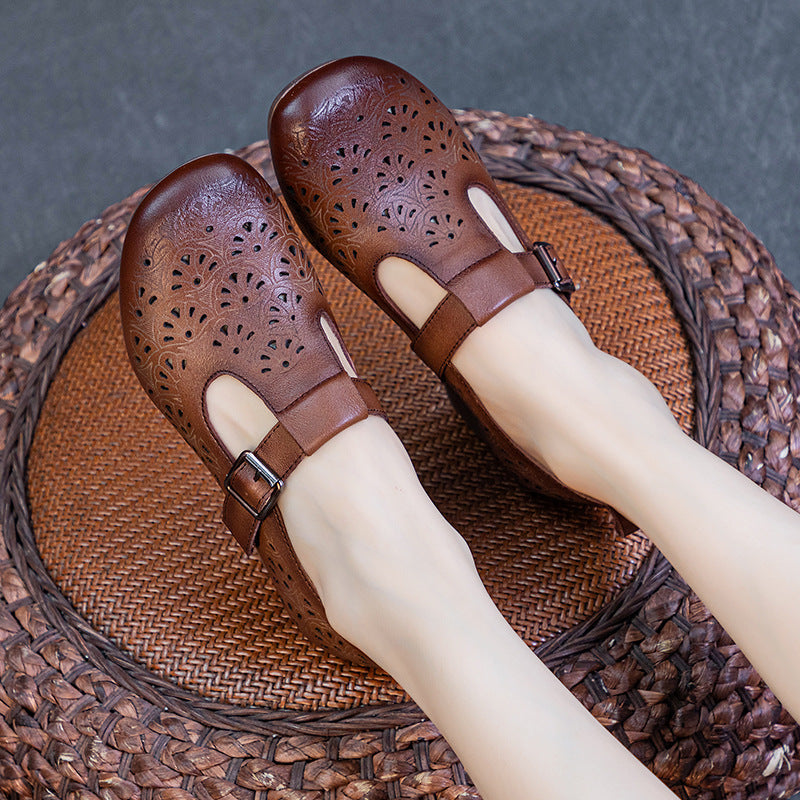 Women's Bottom First Layer Cowhide Punch-hole Round Heels