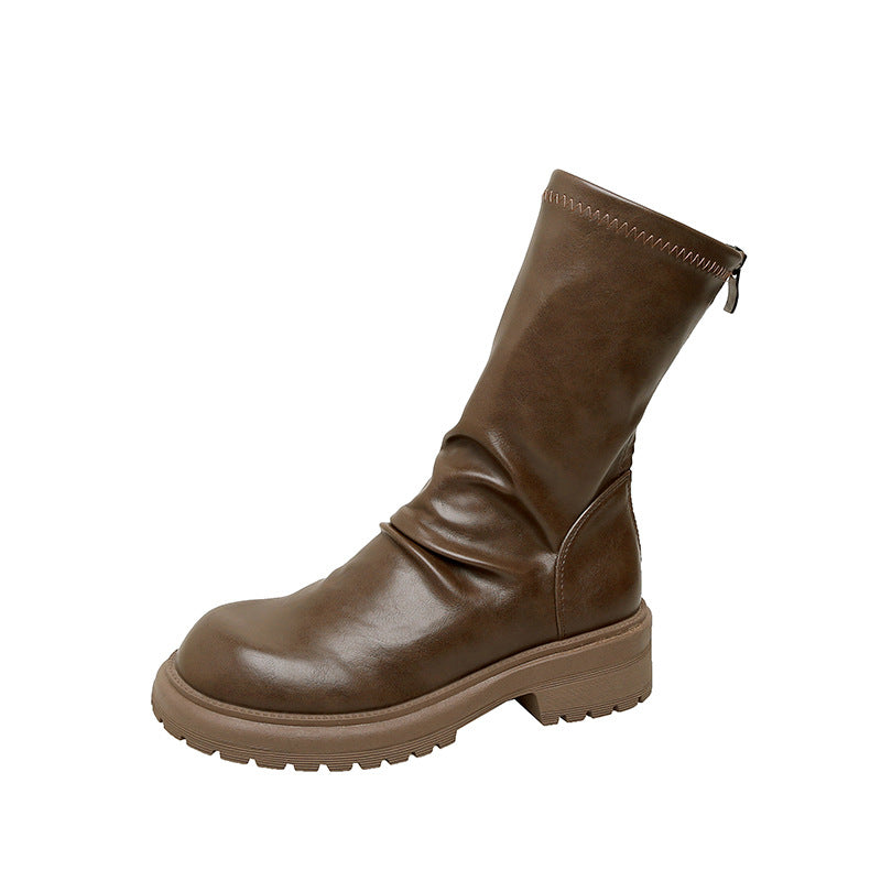 Women's Round Toe Pleated Back Zipper Pile Boots