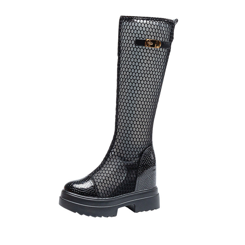 Women's Round Toe Side Zipper Mesh Black Sandals