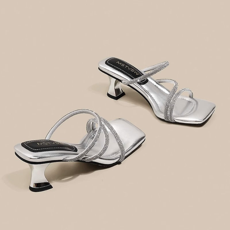 Women's Fairy Style Square Toe Rhinestone Thick Summer Wear Not Sandals