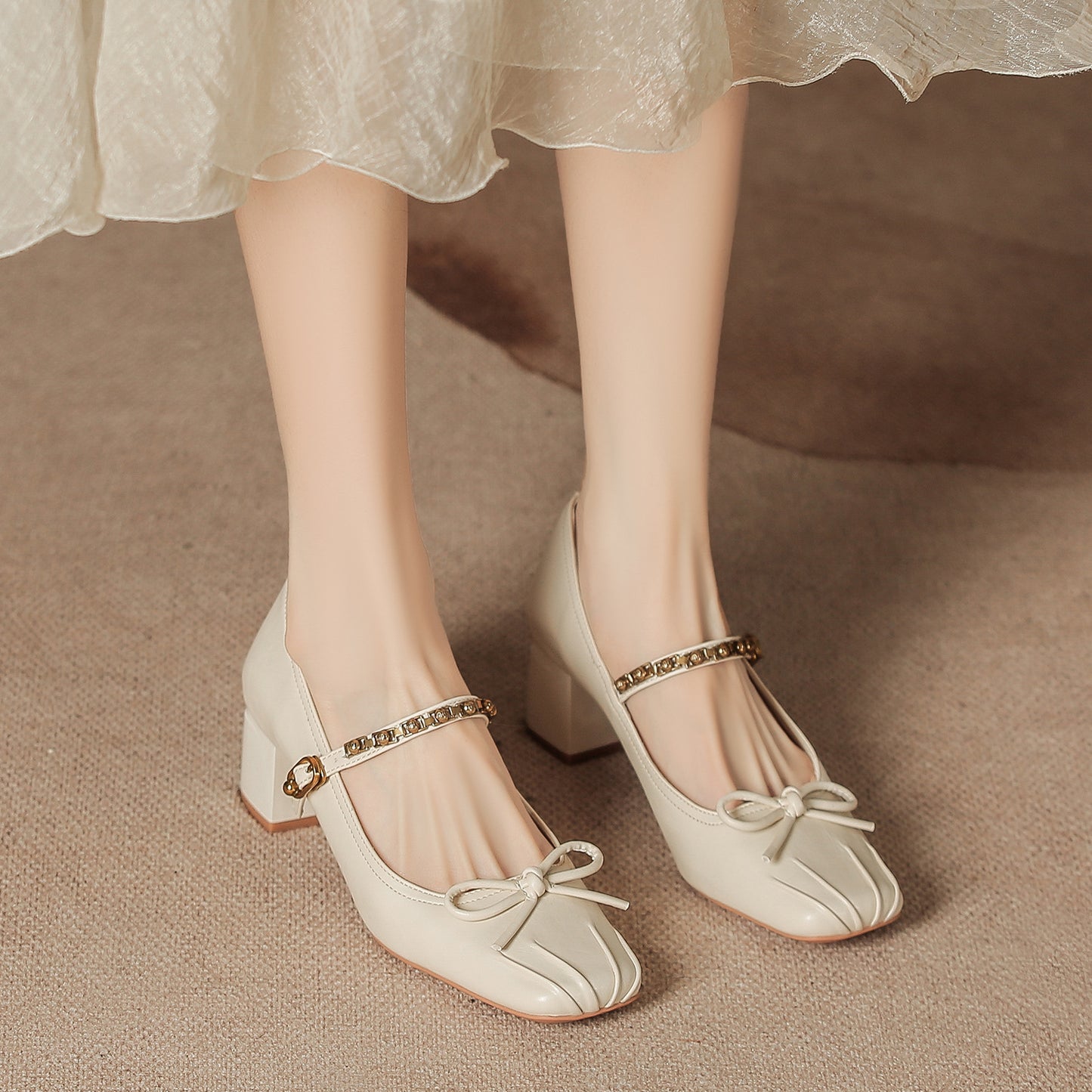 Women's French Style Temperament Pumps Bow High High-grade Chunky Square Women's Shoes