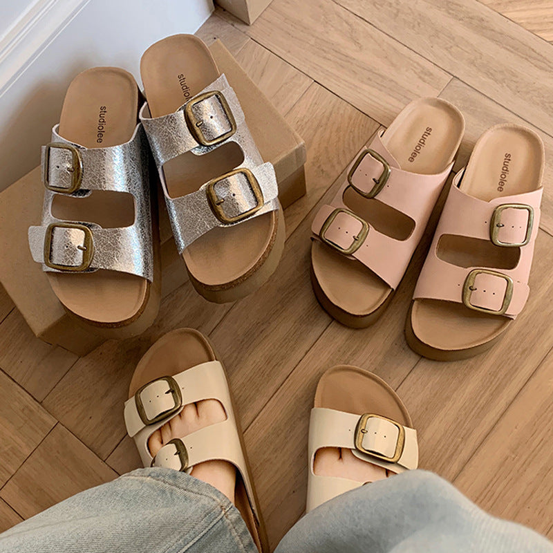Women's Sier Thick Bottom Beach Retro Double Buckle With Slippers