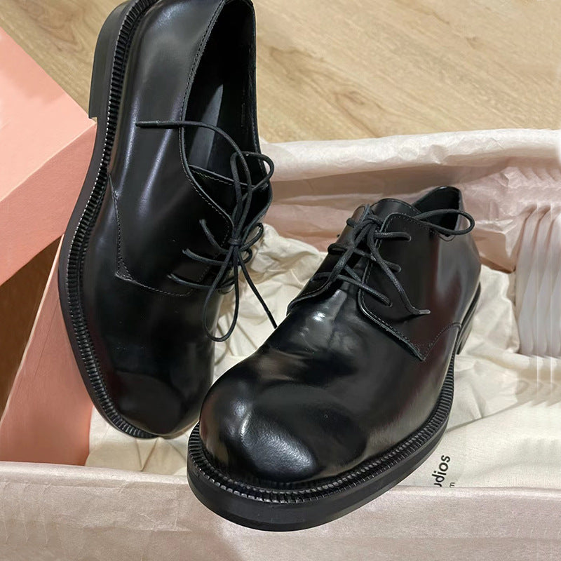 Women's & Men's On The Crooked Derby British Style Round Head Big Leather Shoes